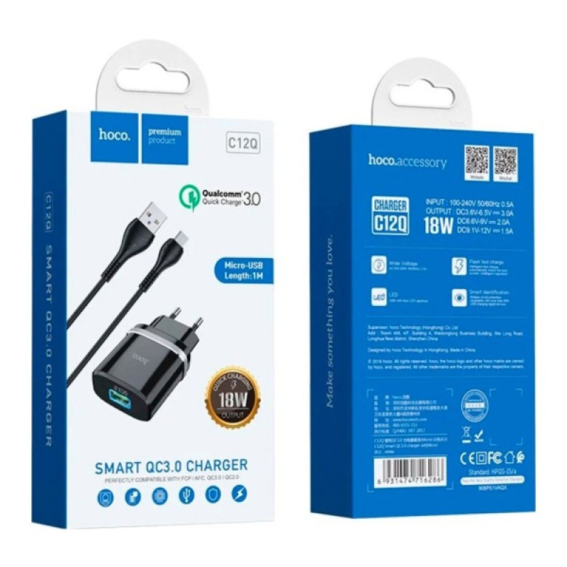 Зарядний пристрій HOCO C12Q Smart USB QC3.0 + cable Micro 18W Black (6931474716279)