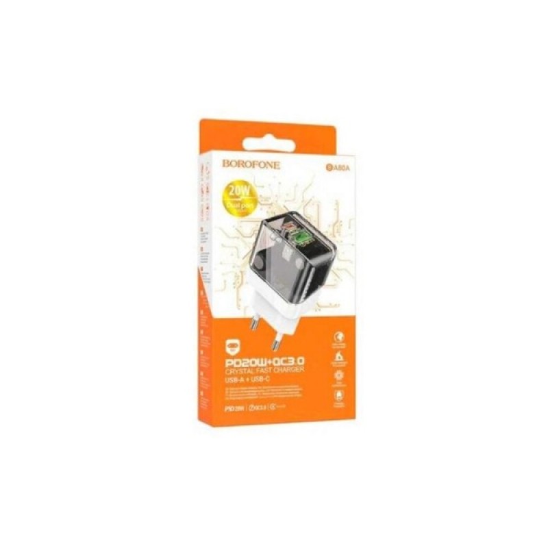 Зарядний пристрій BOROFONE BA80A Scenery 1xUSB-C PD20W + 1xUSB QC3.0 Transparent Black (6941991105159)