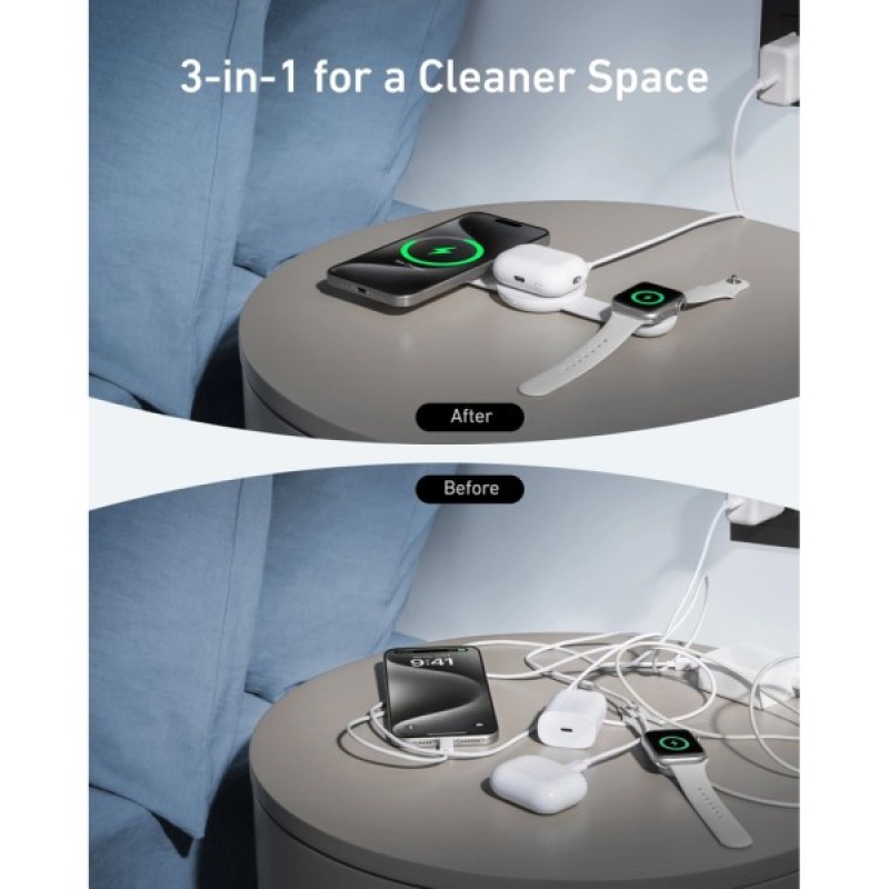 Зарядний пристрій Anker MagGo Wireless Charging Pad 15W 3-in-1 Foldable White (B25M8H21)