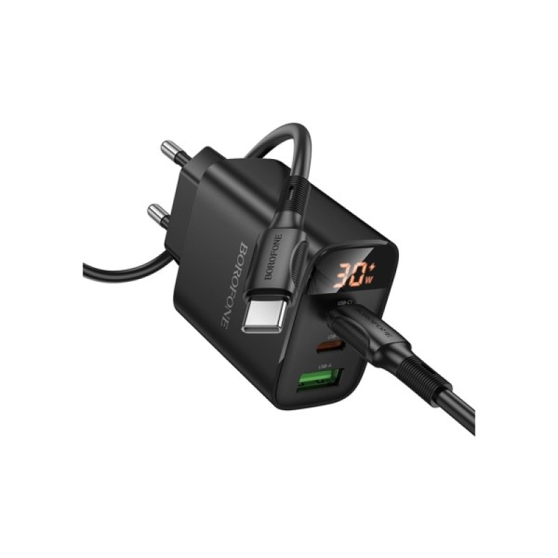 Зарядний пристрій BOROFONE BA98A Ilustre 2xUSB-C + 1xUSB-A PD30W digital display + cable USB-C to USB-C Black (6941991120534)