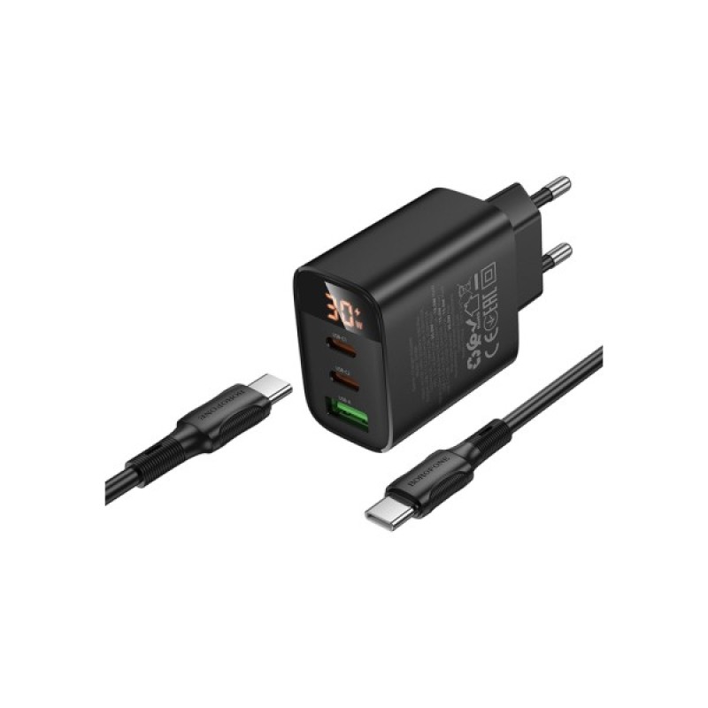 Зарядний пристрій BOROFONE BA98A Ilustre 2xUSB-C + 1xUSB-A PD30W digital display + cable USB-C to USB-C Black (6941991120534)