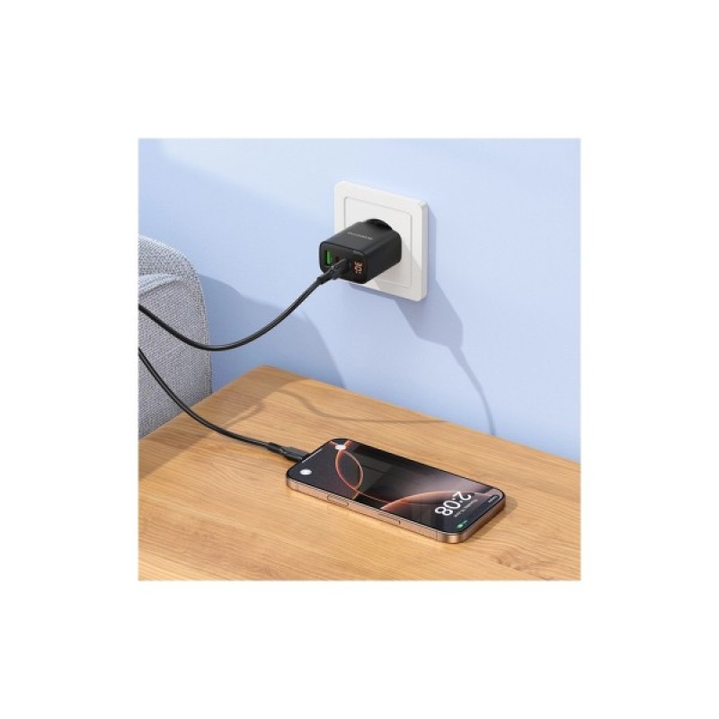 Зарядний пристрій BOROFONE BA98A Ilustre 2xUSB-C + 1xUSB-A PD30W digital display + cable USB-C to USB-C Black (6941991120534)