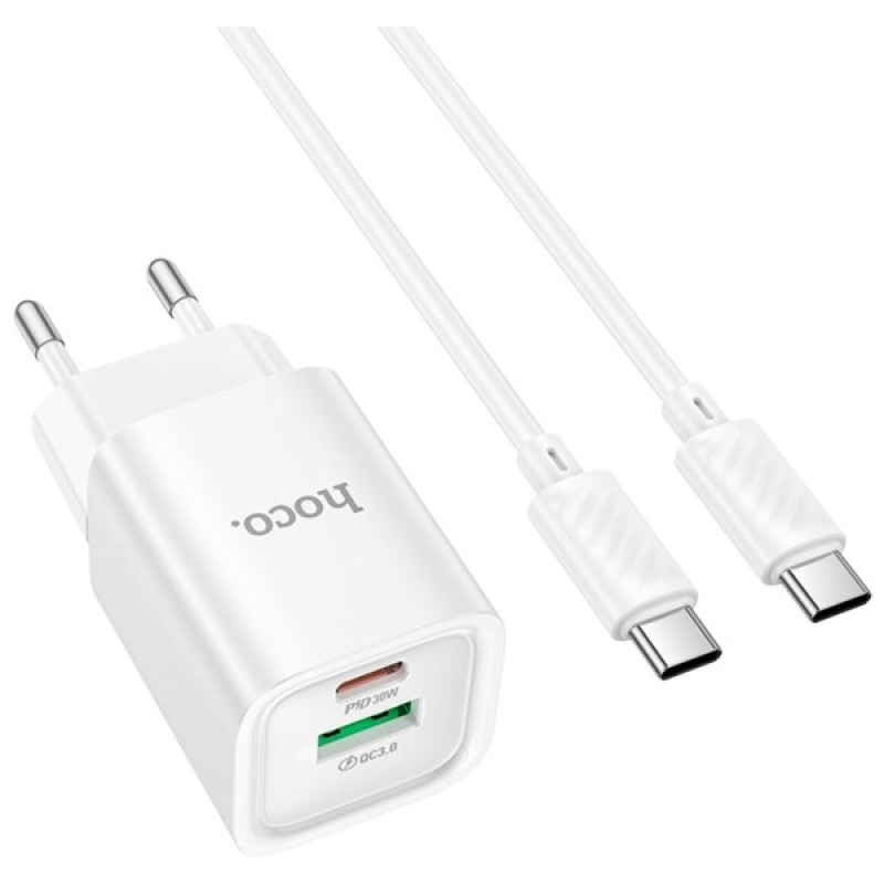 Зарядний пристрій HOCO C149A Charm 1xUSB-C PD30W + 1xUSB QC3.0 + cable USB-C to USB-C White (6942007630351)