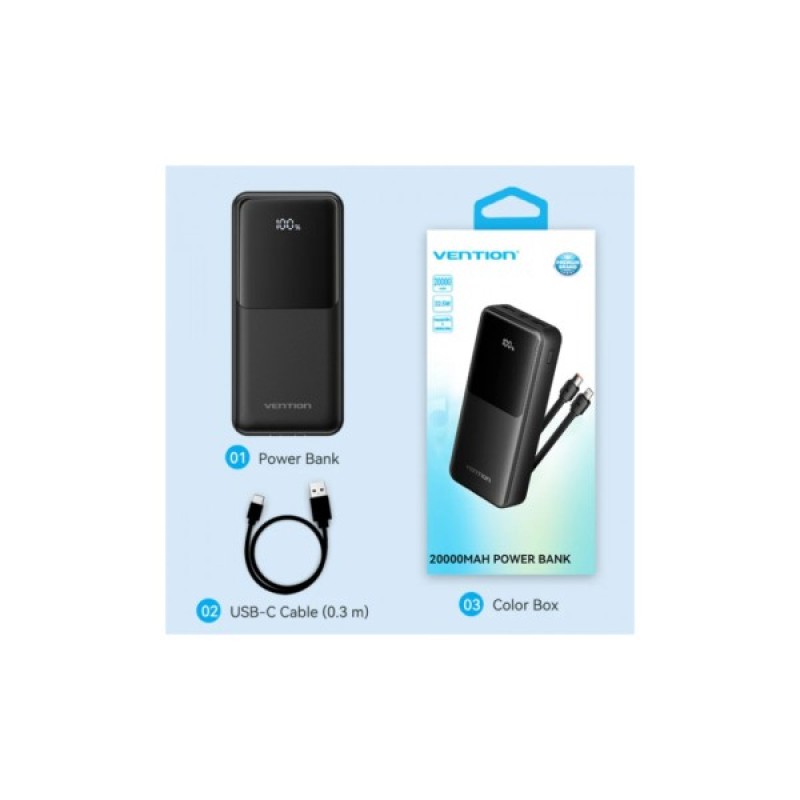 Батарея універсальна Vention 20000mAh 22.5W 3A PD, Built-in USB-C+Lightning Cables, Black (FHPB0)