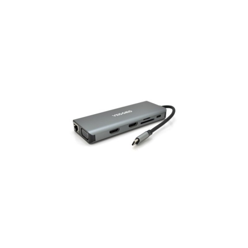 Концентратор VEGGIEG USB-C 9-in-1 USB-C + 4xUSB 3.0 + 2xHDMI + VGA + SD/TF + RJ45 0.1m silver (TC12)