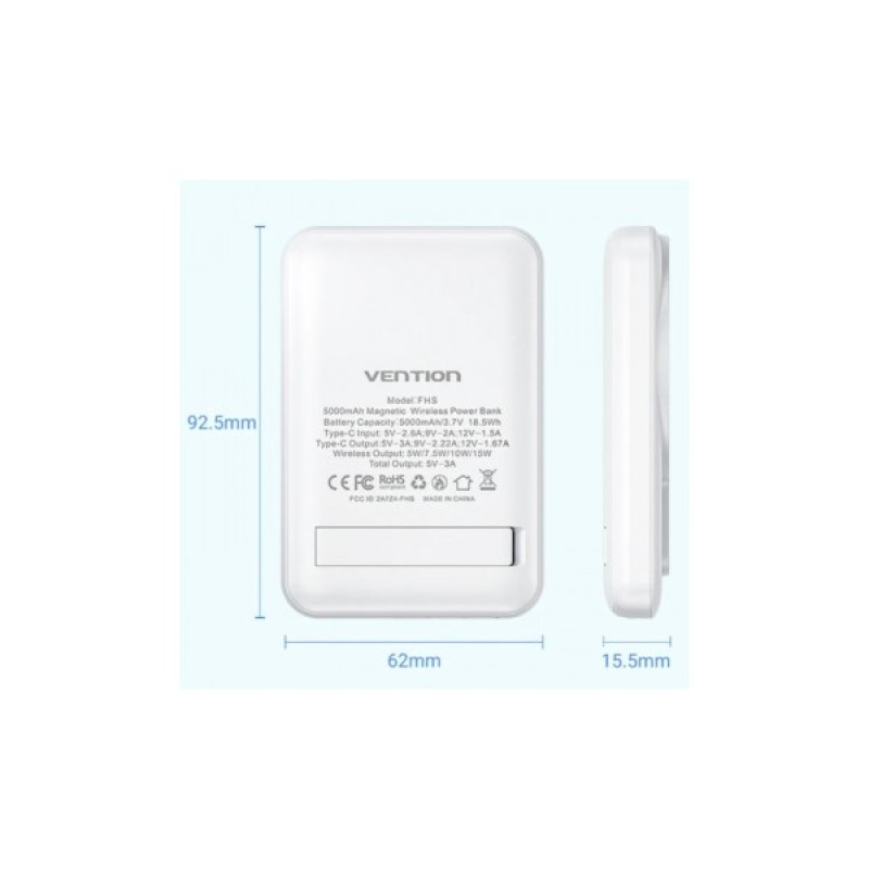 Батарея універсальна Vention Magnetic Wireless 5000mAh 20W 3A, PD USB-C, Light Indicator, White (FHSW0)