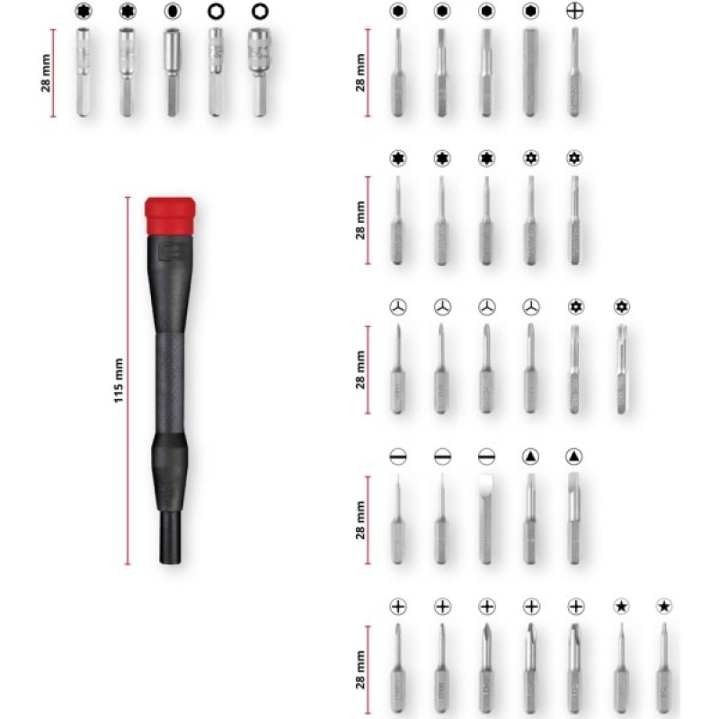 Набір біт Einhell 33шт,HEX, PH, RIBE, SL, Spline, Torx, 28мм, кейс (115010)