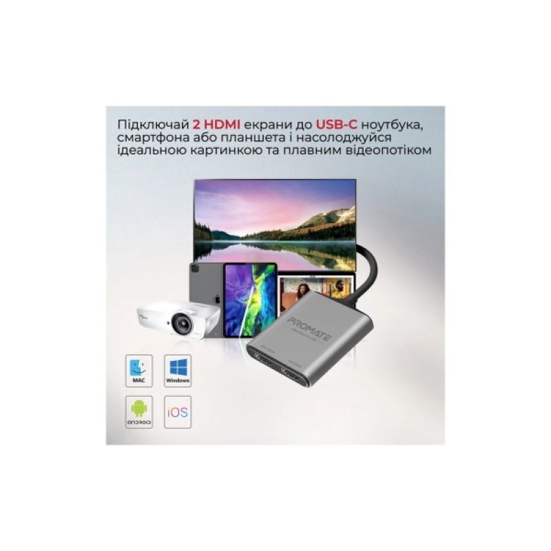 Перехідник USB-C to 2xHDMI 4K Promate (medialink-h2.grey)