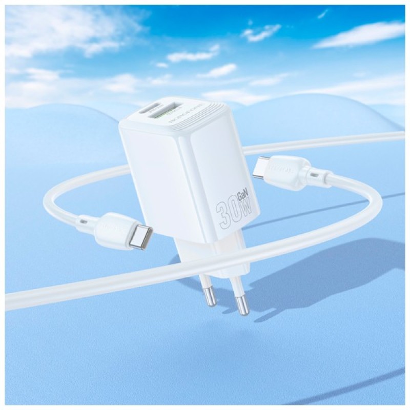 Зарядний пристрій BOROFONE BN29 Fuente 1xUSB-C PD30W + 1xUSB QC3.0 + cable USB-C to USB-C White (6941991120343)