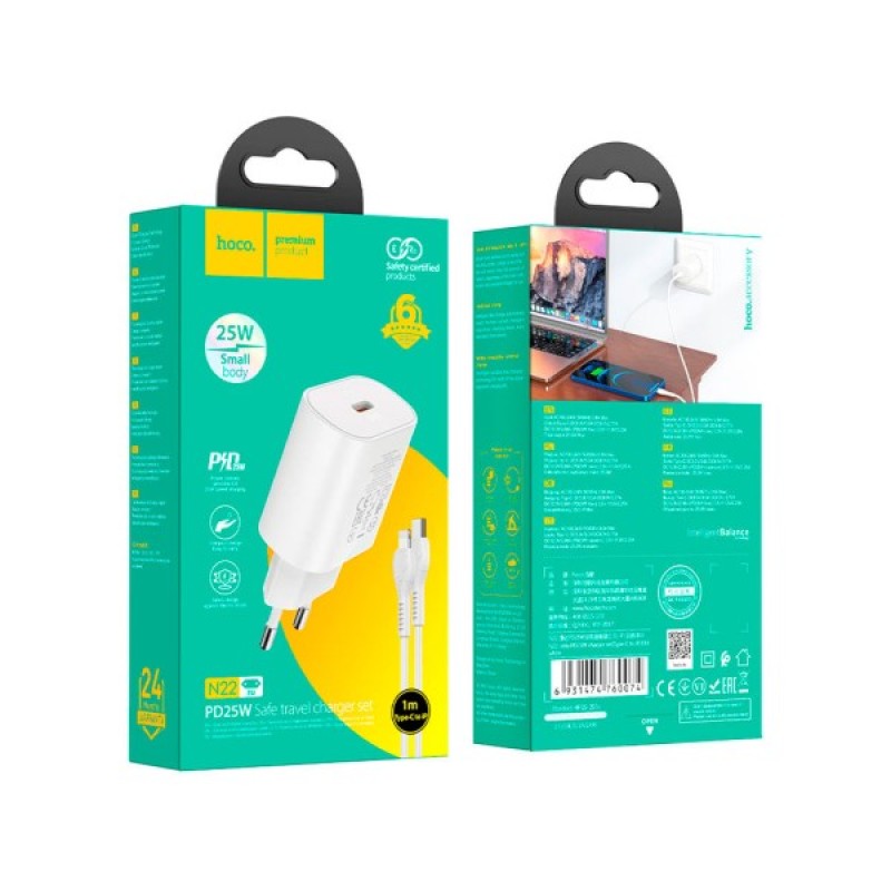 Зарядний пристрій HOCO N22 Jetta USB-C PD25W + cable USB-C to Lightning White (6931474760074)