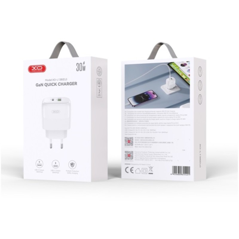 Зарядний пристрій XO L138 48W USB-C PD30W + USB-A QC18W White (L138_White)