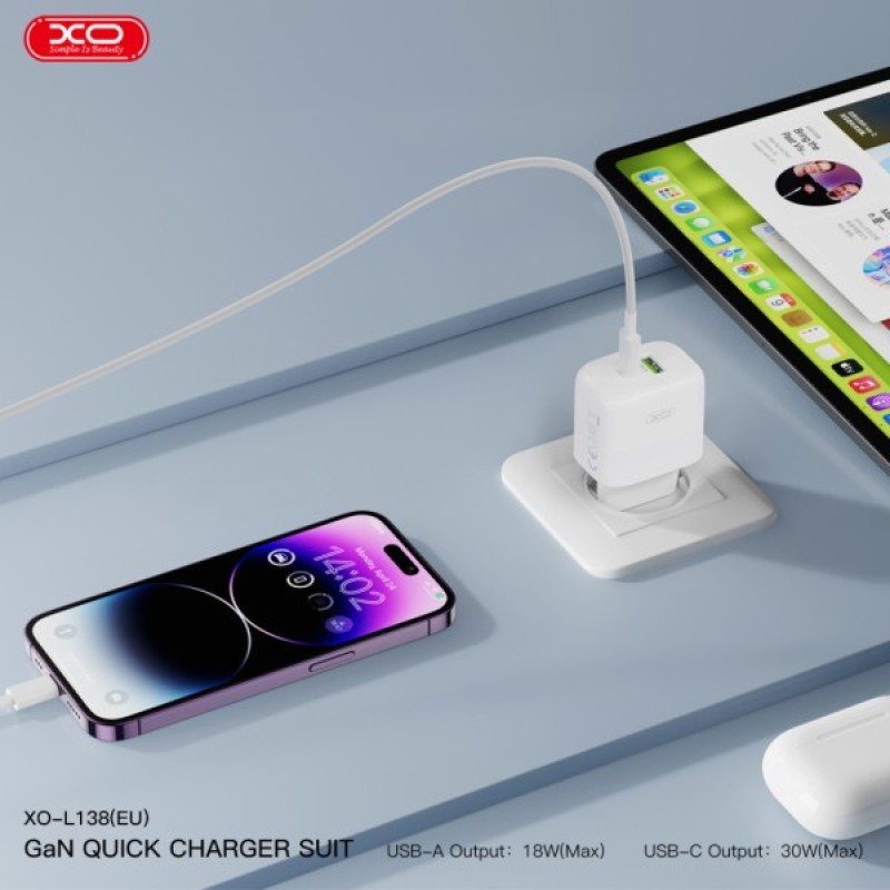 Зарядний пристрій XO L138 48W USB-C PD30W + USB-A QC18W White (L138_White)