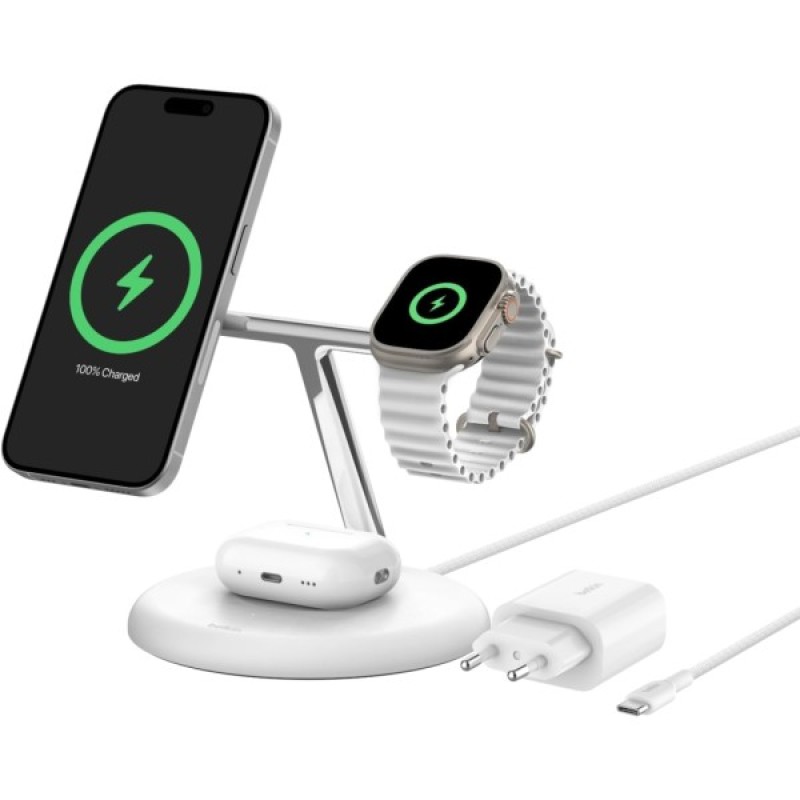 Зарядний пристрій Belkin 3in1 Magnetic Adjustable Pad Qi2 15W White (WIZ023VFWH)
