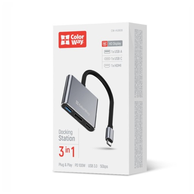 Концентратор ColorWay USB-C 3-in-1 USB 3.0 + HDMI 4K + USB-C PD100W (CW-HUB08)