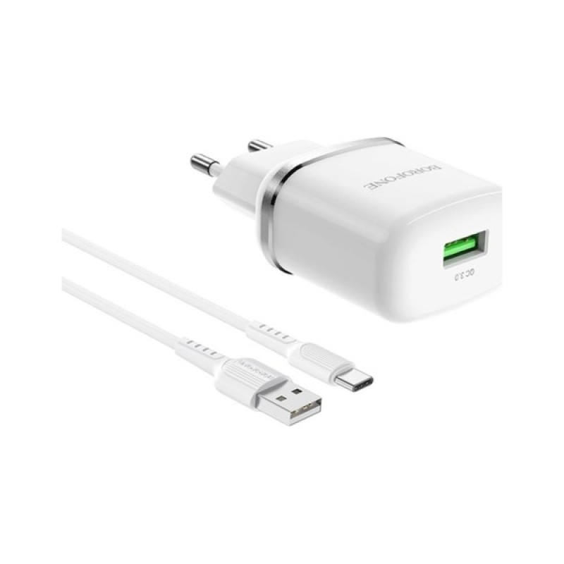 Зарядний пристрій BOROFONE BA36A USB QC3.0 18W + cable USB to USB-C white (6931474716019)