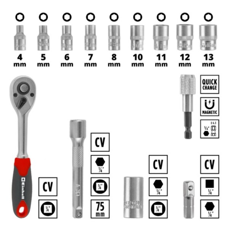 Набір інструментів Einhell біт і головок, 1/4" 4-13мм, 37шт, кейс (109022)