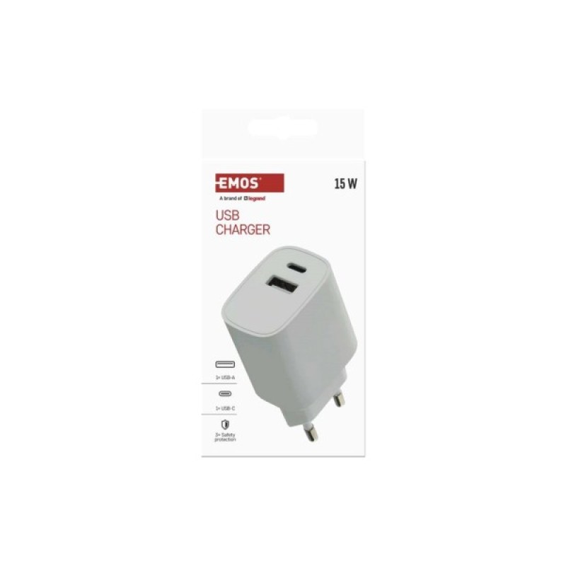 Зарядний пристрій EMOS V02B15 1xUSB-A + 1xUSB-C 15W GaN (V02B15)