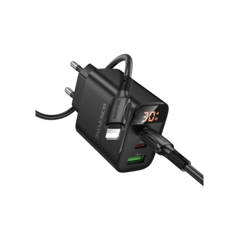 Зарядний пристрій BOROFONE BA98A Ilustre 2xUSB-C + 1xUSB-A PD30W digital display + cable USB-C to Lightning Black (6941991120527)