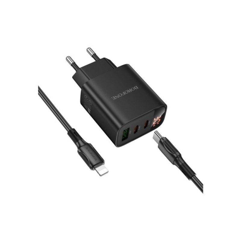 Зарядний пристрій BOROFONE BA98A Ilustre 2xUSB-C + 1xUSB-A PD30W digital display + cable USB-C to Lightning Black (6941991120527)
