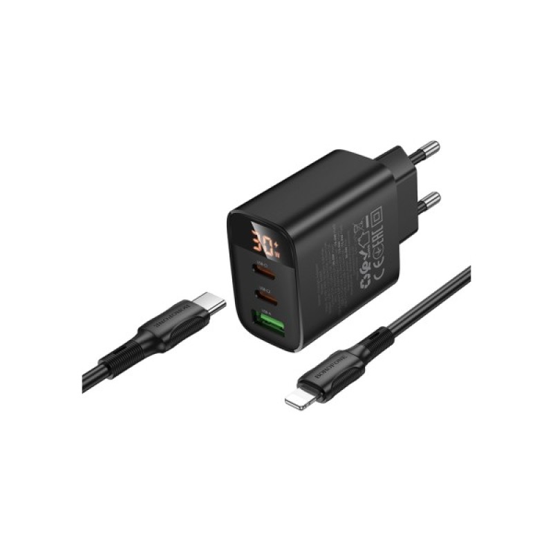 Зарядний пристрій BOROFONE BA98A Ilustre 2xUSB-C + 1xUSB-A PD30W digital display + cable USB-C to Lightning Black (6941991120527)
