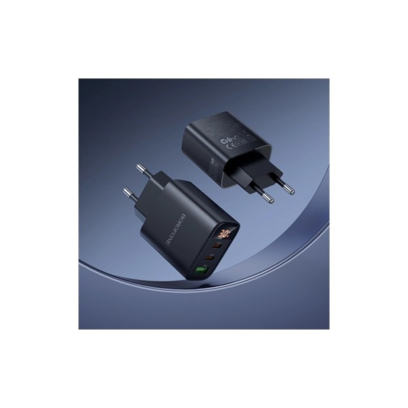Зарядний пристрій BOROFONE BA98A Ilustre 2xUSB-C + 1xUSB-A PD30W digital display + cable USB-C to Lightning Black (6941991120527)