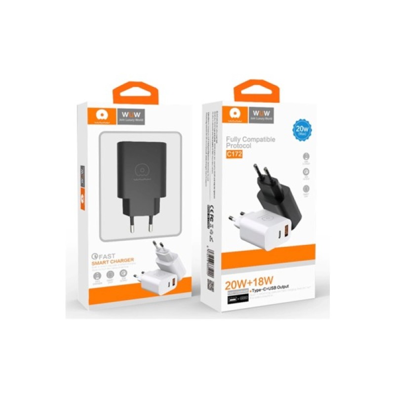 Зарядний пристрій WUW C172 1xUSB-C PD20W + 1xUSB QC3.0 18W Black (6972573335381)