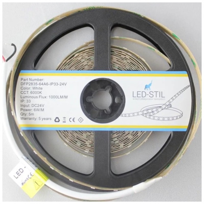 Світлодіодна стрічка LED-STIL 6000K 6 Вт/м 2835 64 діода IP33 24 Вольта 1000 lm холодне світло (DFP2835-64A6-IP33-24V)