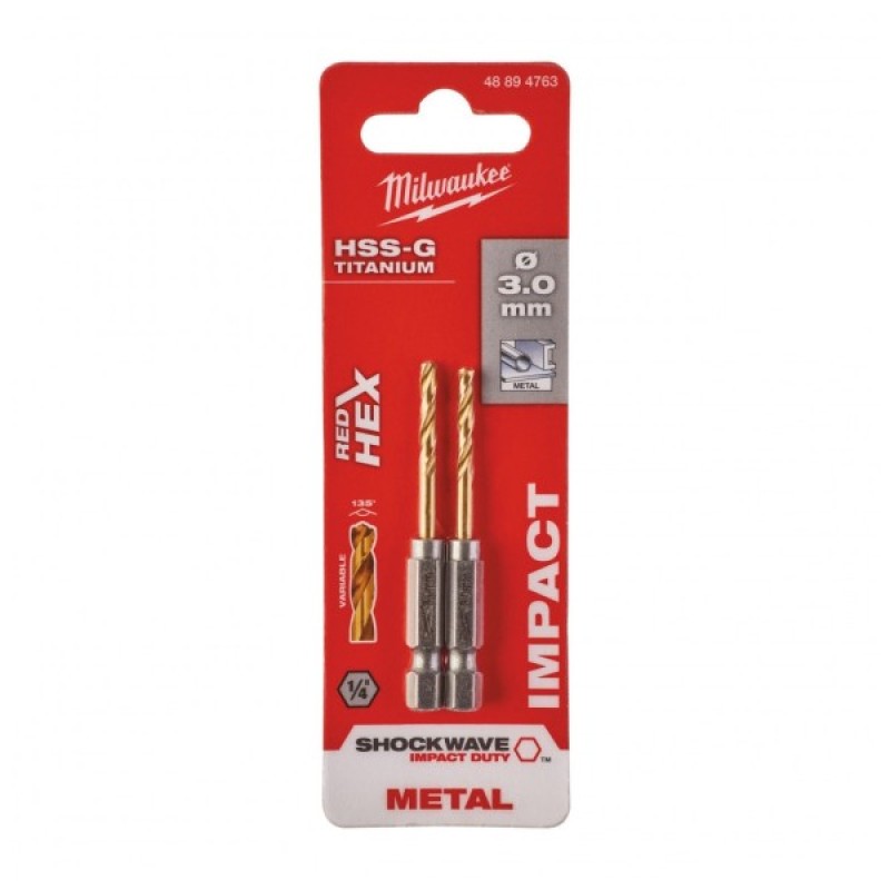 Свердло Milwaukee по металу RedHEX HSS-G TiN, 3,0 мм, (2шт) (48894763)