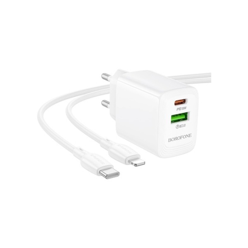 Зарядний пристрій BOROFONE BN29 Fuente 1xUSB-C PD30W + 1xUSB QC3.0 + cable USB-C to Lightning White (6941991120336)
