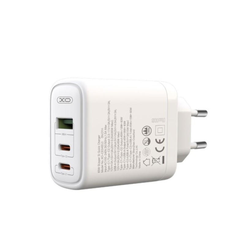 Зарядний пристрій XO 2xUSB-C PD65W + 1xUSB 45W white (СE04-WH)