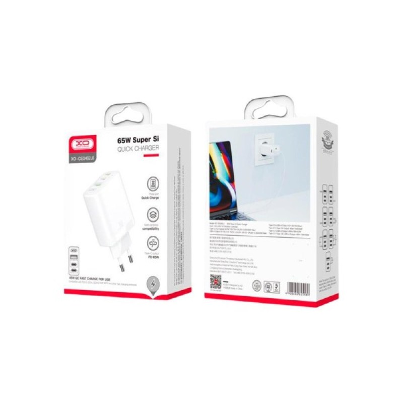 Зарядний пристрій XO 2xUSB-C PD65W + 1xUSB 45W white (СE04-WH)