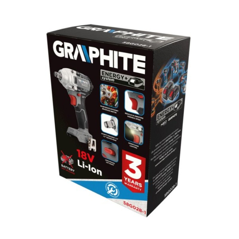 Гайковерт Graphite Energy+ 18V, безщітковий, 2600об/хв, 330Нм, 1/2", 0.9кг (без АКБ та ЗП) (58G028-1)