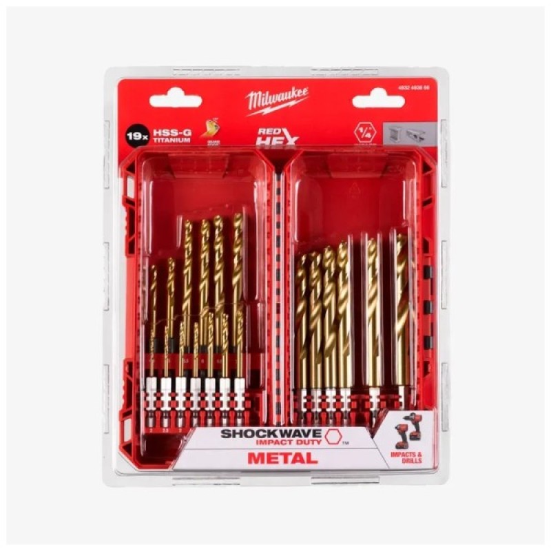 Набір свердл Milwaukee по металу PACKOUT RedHEX HSS-G TiN, 19шт (4932493866)