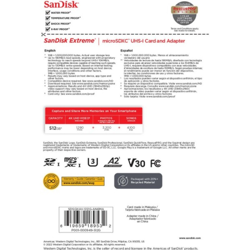 Карта пам'яті SanDisk 512GB microSD class 10 UHS-I U3 V30 Extreme (SDSQXAV-512G-GN6MA)