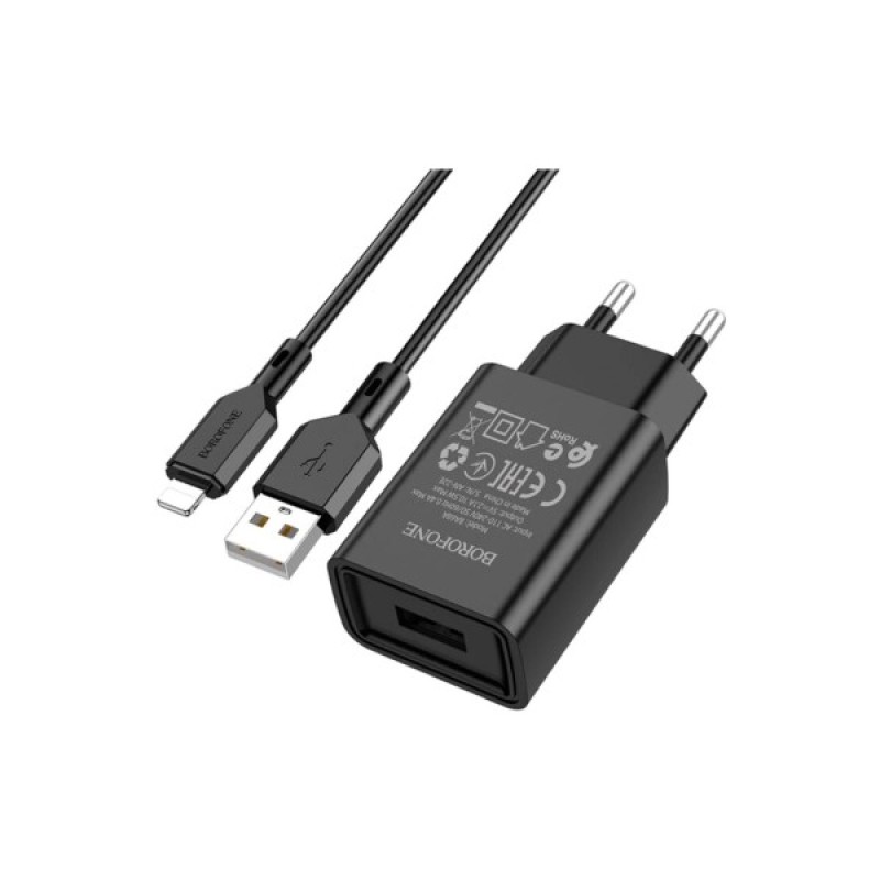 Зарядний пристрій BOROFONE BA68A Glacier USB + cable USB to Lightning 10.5W Black (6974443385687)