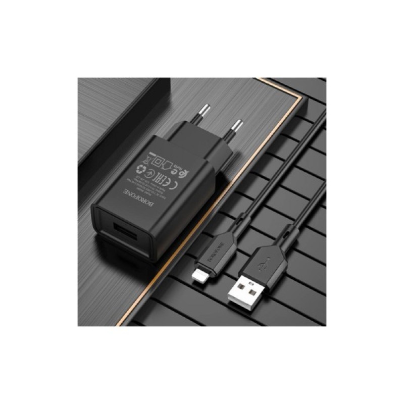 Зарядний пристрій BOROFONE BA68A Glacier USB + cable USB to Lightning 10.5W Black (6974443385687)