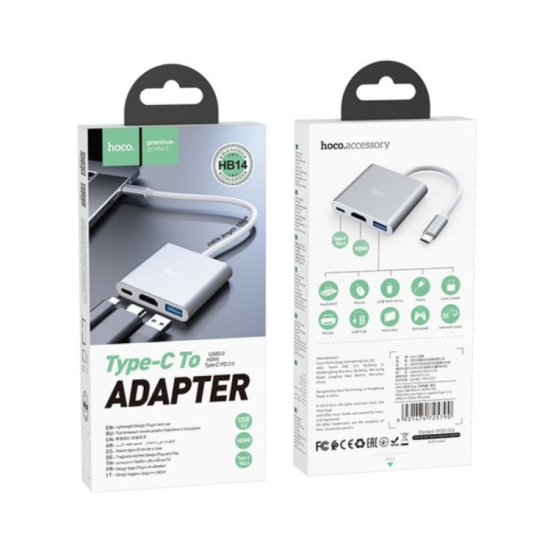 Концентратор HOCO USB-C to USB3.0+HDMI+PD HB14 Silver (6931474725790)