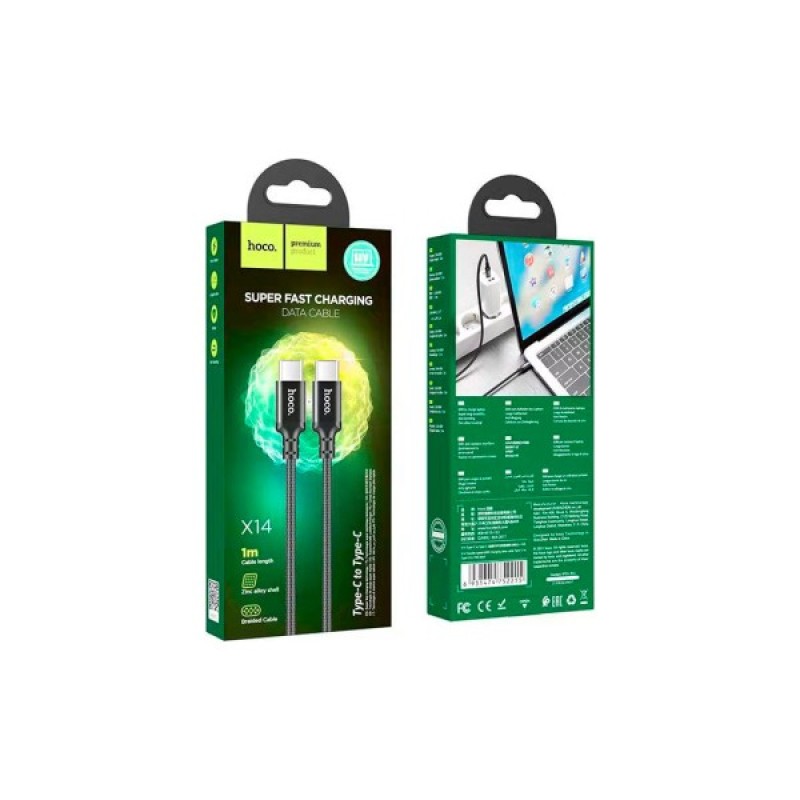 Дата кабель USB-C to USB-C 1.0m 60W nylon X14 black HOCO (6931474752215)