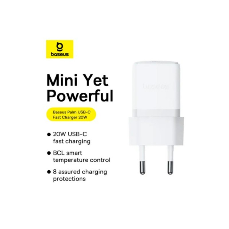 Зарядний пристрій Baseus Palm Fast Charger 1C 20W + Cable 1.0m Type-C 60W white (P10111602213-01)