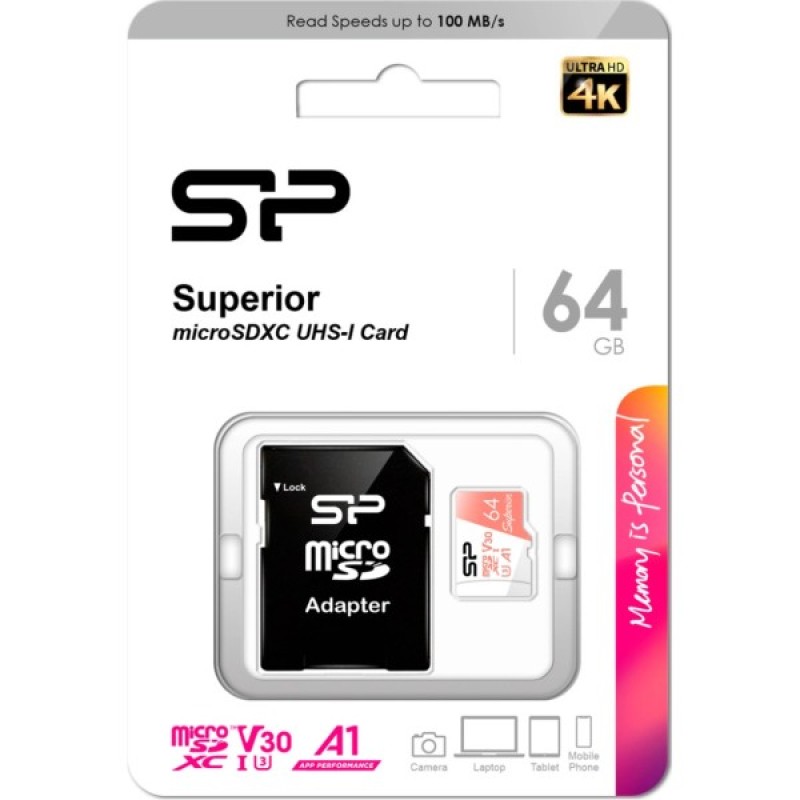 Карта пам'яті Silicon Power 64GB microSDXC class 10 UHS-I U3 V30 A1 Superior (SP064GBSTXDV3V20SP)
