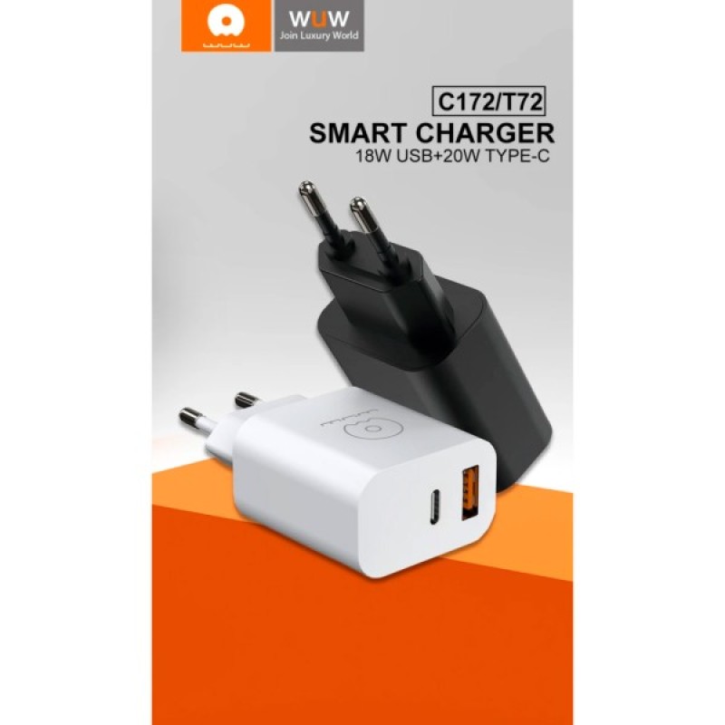 Зарядний пристрій WUW C172 1xUSB-C PD20W + 1xUSB QC3.0 18W White (с172W)