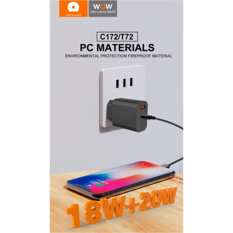 Зарядний пристрій WUW C172 1xUSB-C PD20W + 1xUSB QC3.0 18W White (с172W)