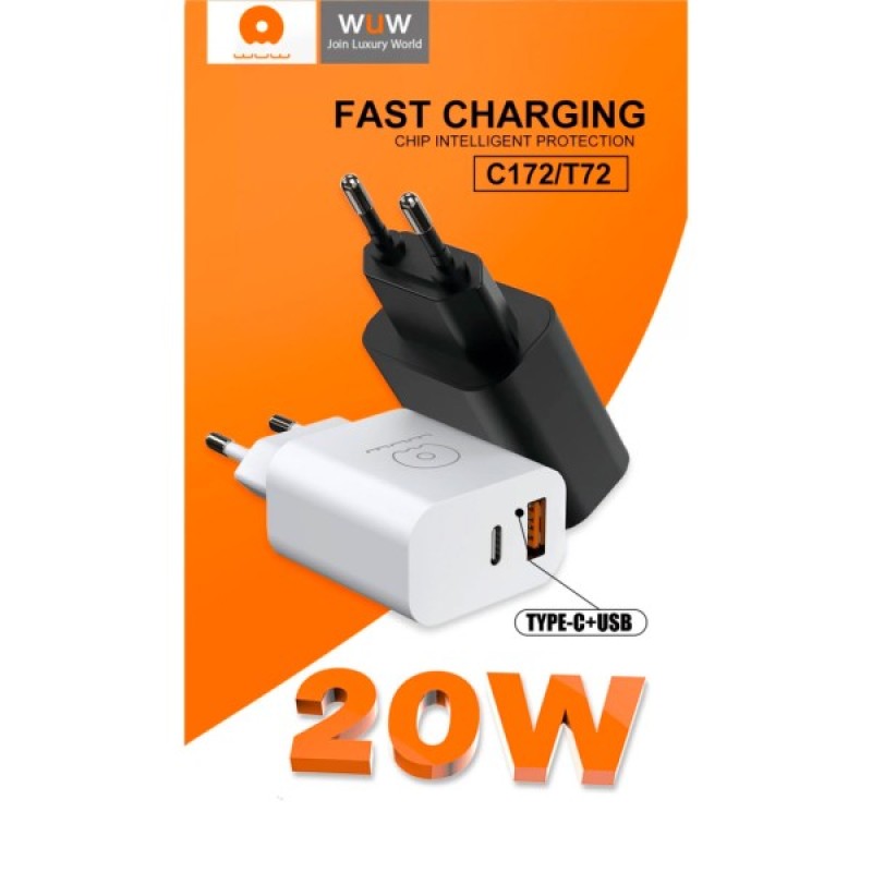 Зарядний пристрій WUW C172 1xUSB-C PD20W + 1xUSB QC3.0 18W White (с172W)