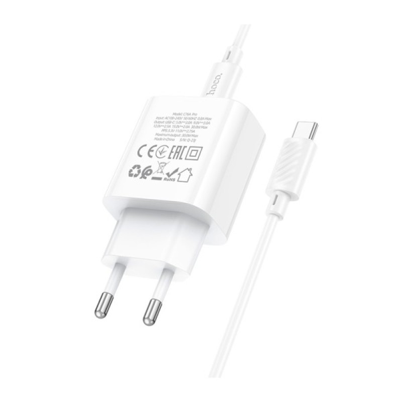 Зарядний пристрій HOCO C76A Pro Majestic USB-C PD30W + cable USB-C to USB-C White (6942007616324)